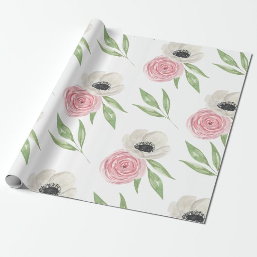 Elegant Blush Pink Bloemen Waterverf Cadeaupapier (Uitgerold)
