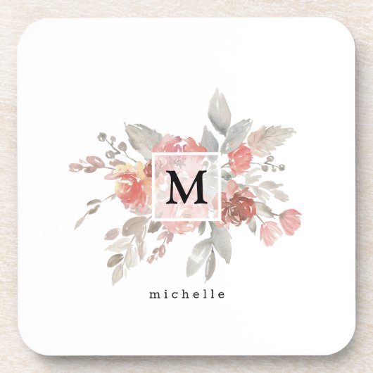 Elegant Blush Pink Bloemmonogram Bier Onderzetter (Voorkant)