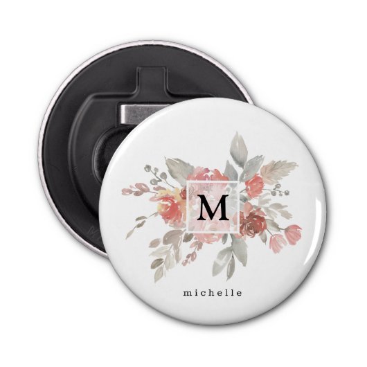 Elegant Blush Pink Bloemmonogram Button Flesopener (Voorkant)