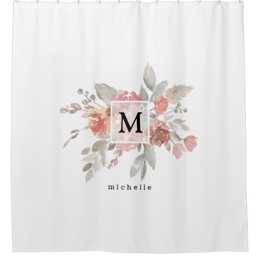 Elegant Blush Pink Bloemmonogram Douchegordijn (Voorkant)