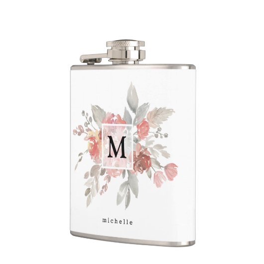 Elegant Blush Pink Bloemmonogram Heupfles (Links)