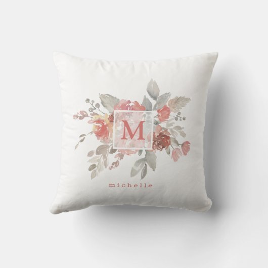 Elegant Blush Pink Bloemmonogram Kussen (Achterkant)