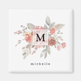 Elegant Blush Pink Bloemmonogram Magneet