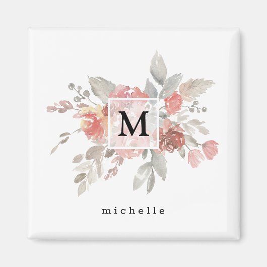 Elegant Blush Pink Bloemmonogram Magneet (Voorkant)