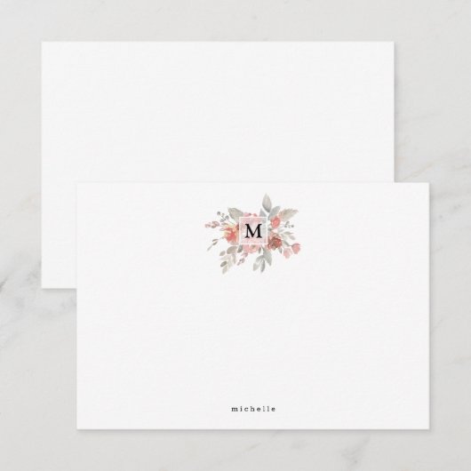 Elegant Blush Pink Bloemmonogram Notitiekaartje (Voorkant / Achterkant)