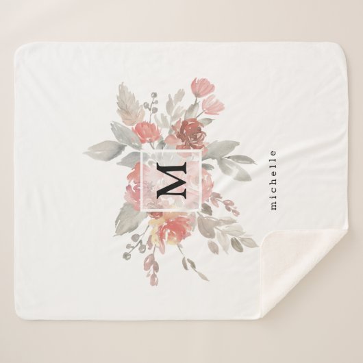 Elegant Blush Pink Bloemmonogram Sherpa Deken (Voorkant (horizontaal))