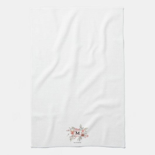 Elegant Blush Pink Bloemmonogram Theedoek (Verticaal)