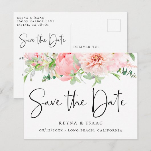Elegant Blush Pink Botanical Save the Date Aankondigingskaart (Voorkant / Achterkant)