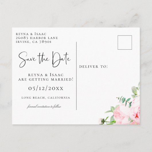 Elegant Blush Pink Botanical Save the Date Aankondigingskaart (Achterkant)