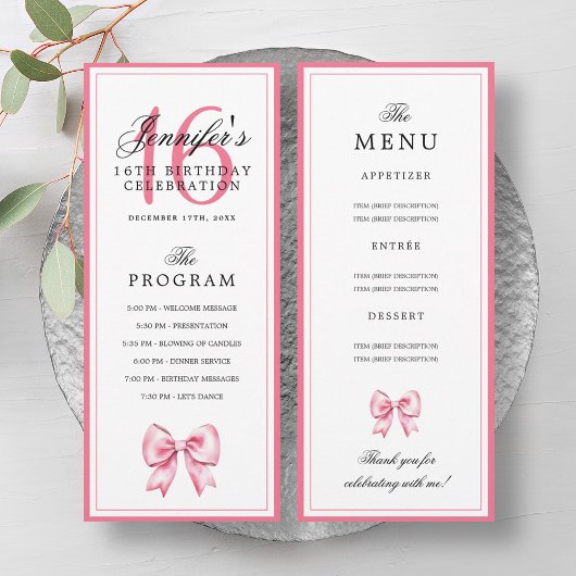 Elegant Blush Pink Bow 16th Birthday Program Menu  Kaart