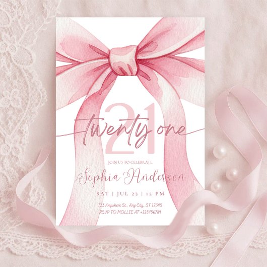 Elegant Blush Pink Bow 21th Birthday Kaart