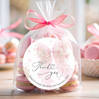 Elegant Blush Pink Bow Baby Shower Thank You  Ronde Sticker