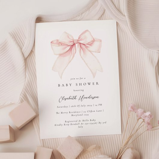 Elegant Blush Pink Bow Baby shower Uitnodiging