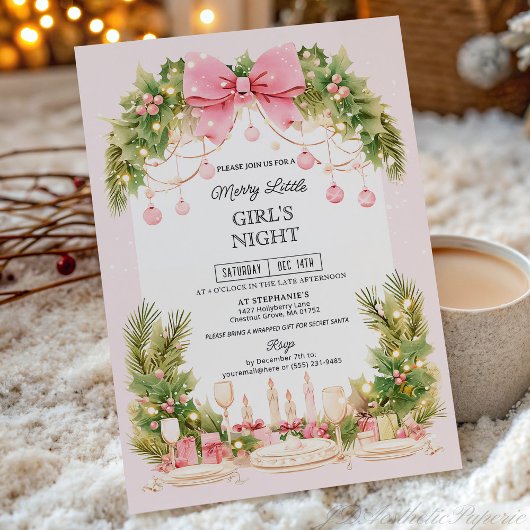 Elegant Blush Pink Bow Christmas Girls Night  Kaart