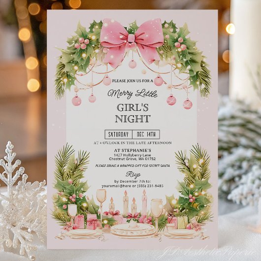 Elegant Blush Pink Bow Christmas Girls Night  Kaart