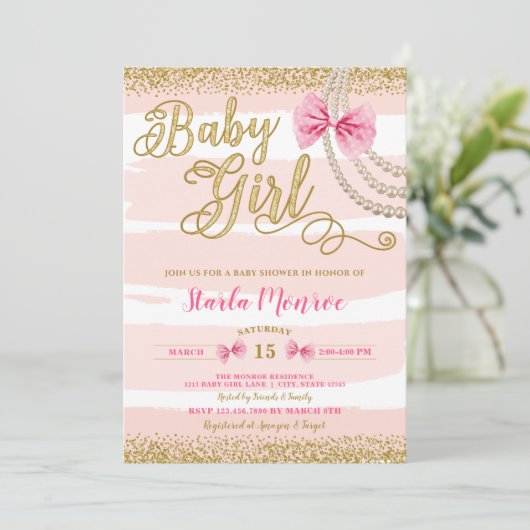 Elegant Blush Pink Bow Pearl Girly Baby shower Kaart (Staand voorkant)