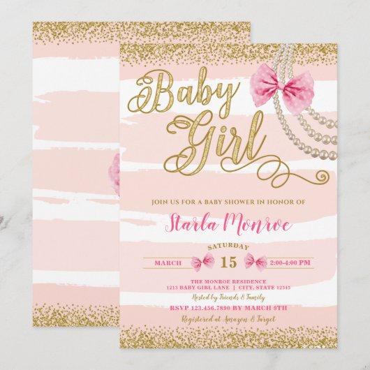 Elegant Blush Pink Bow Pearl Girly Baby shower Kaart (Voorkant / Achterkant)