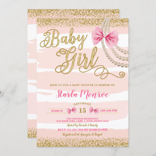 Elegant Blush Pink Bow Pearl Girly Baby shower Kaart