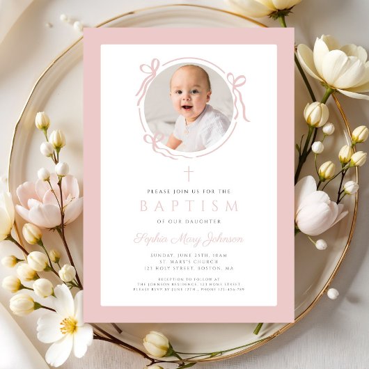 Elegant Blush Pink Bow Photo Baptism Kaart