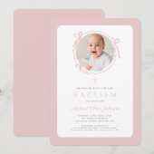 Elegant Blush Pink Bow Photo Girl Baptism Kaart (Voorkant / Achterkant)
