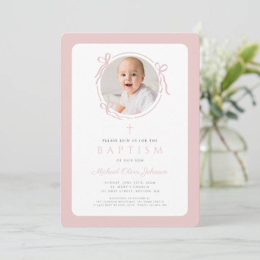Elegant Blush Pink Bow Photo Girl Baptism Kaart (Staand voorkant)