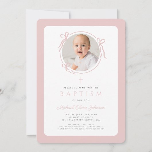 Elegant Blush Pink Bow Photo Girl Baptism Kaart (Voorkant)