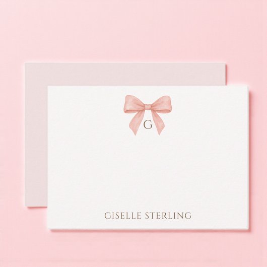 Elegant Blush Pink Bow Watercolor Monogram Notitiekaartje