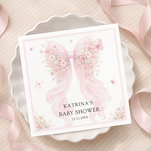Elegant Blush Pink Bow Wildflower Baby Shower Servet