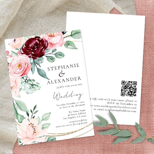 Elegant Blush Pink Burgundy Flowers Weddenschap Kaart