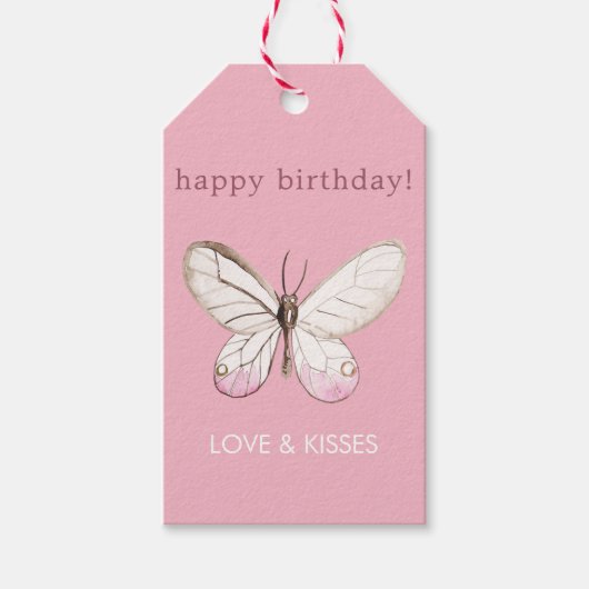 Elegant Blush Pink Butterfly Birthday Gift Labels Cadeaulabel (Voorkant)