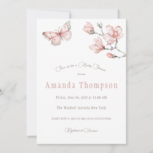 Elegant Blush Pink Butterfly Floral Baby shower Kaart (Voorkant)