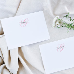 Elegant Blush Pink Calligraphy Split Monogram Notitiekaartje