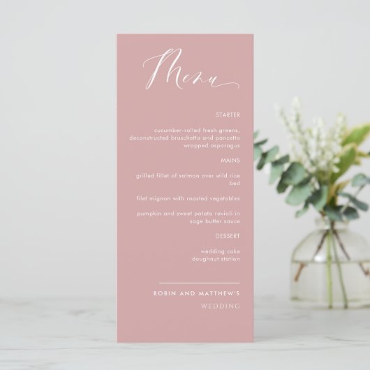 Elegant Blush Pink Calligraphy Wedding Menu (Staand voorkant)