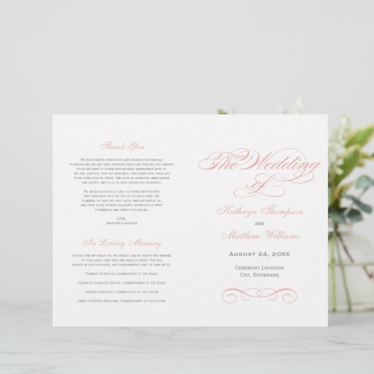 Elegant Blush Pink Calligraphy Wedding Programs (Staand voorkant)