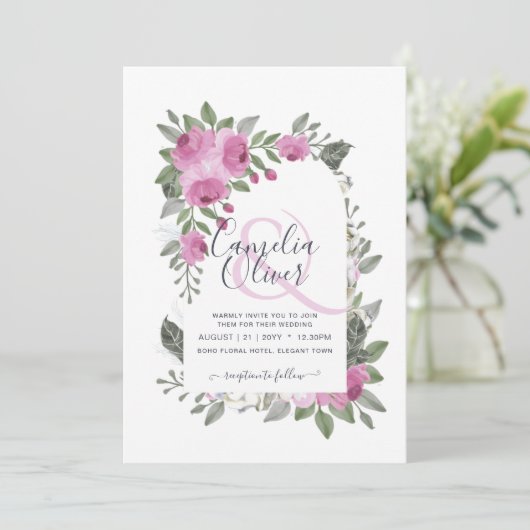 Elegant Blush Pink Cerise Floral Arch Wedding Kaart (Staand voorkant)