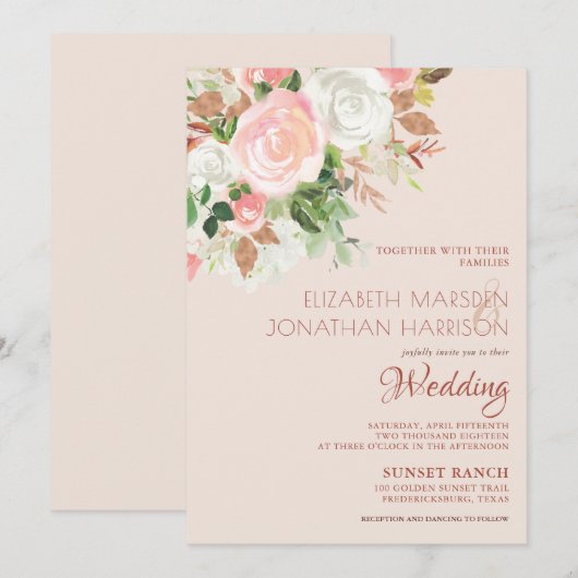 Elegant Blush Pink Champagne White Floral Wedding Kaart (Voorkant / Achterkant)