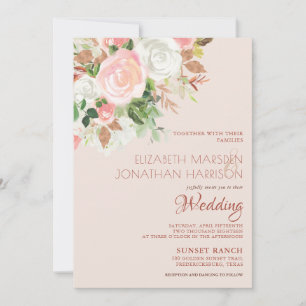 Elegant Blush Pink Champagne White Floral Wedding Kaart