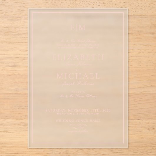 Elegant Blush Pink Classic Script Monogram Weddens Acryl Uitnodigingen (Voorkant)