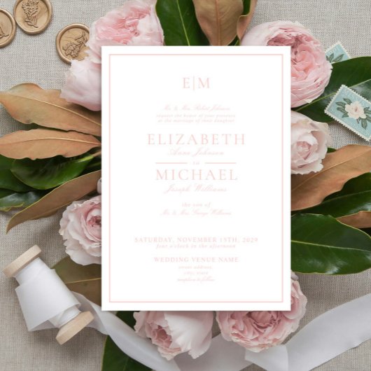 Elegant Blush Pink Classic Script Monogram Weddens Kaart