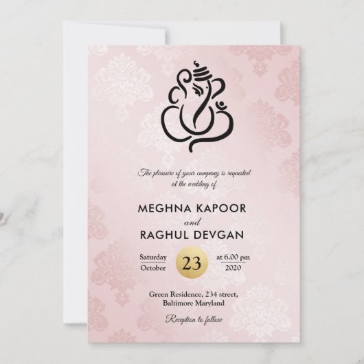 Elegant Blush Pink Damask Ganesha Indian Wedding Kaart (Voorkant)