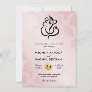 Elegant Blush Pink Damask Ganesha Indian Wedding  Kaart