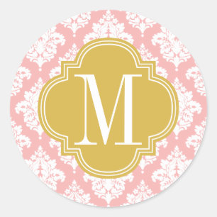 Elegant Blush Pink Damask gepersonaliseerd Ronde Sticker