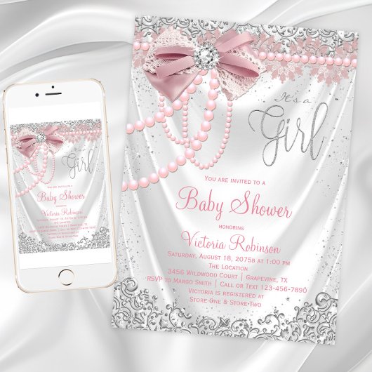 Elegant Blush Pink Diamond Pearl Girly Baby shower Kaart