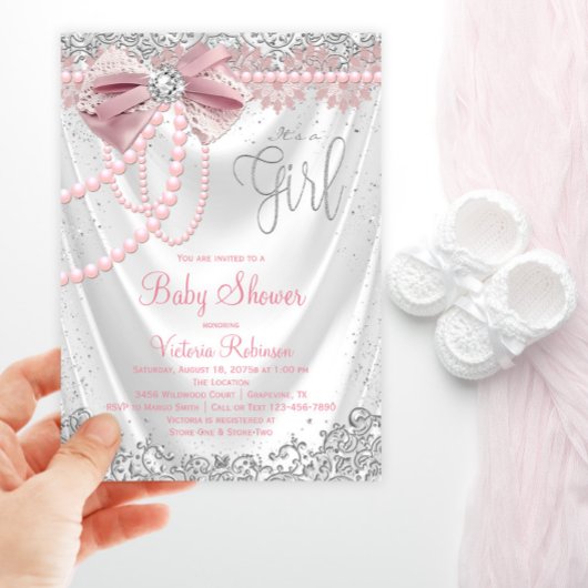 Elegant Blush Pink Diamond Pearl Girly Baby shower Kaart