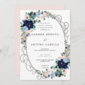Elegant Blush Pink Dusty Blue Floral Wedding Invit Kaart (Voorkant / Achterkant)