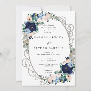 Elegant Blush Pink Dusty Blue Floral Wedding Invit Kaart