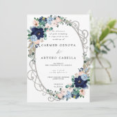 Elegant Blush Pink Dusty Blue Floral Wedding Invit Kaart (Staand voorkant)