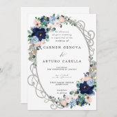 Elegant Blush Pink Dusty Blue Floral Wedding Invit Kaart (Voorkant / Achterkant)