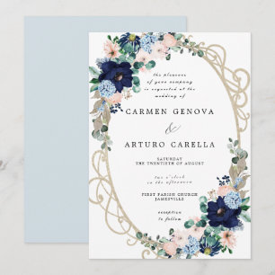 Elegant Blush Pink Dusty Blue Floral Wedding Kaart