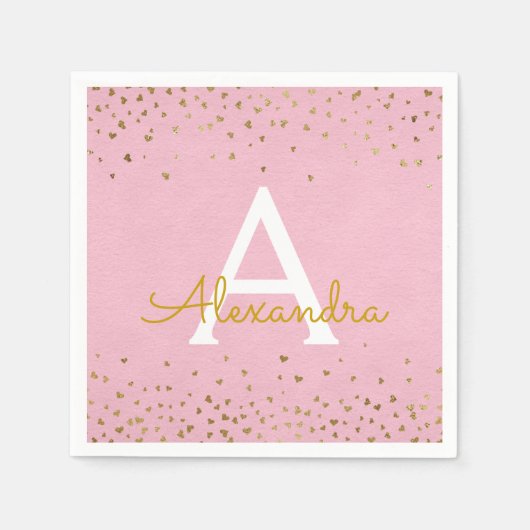 Elegant Blush Pink en Gold Foil Confetti Monogram Servet (Voorkant)
